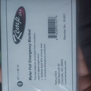 Mylar Foil Emergency Blanket KEMP Body Warmth 80" L X 56" W Survival Kit